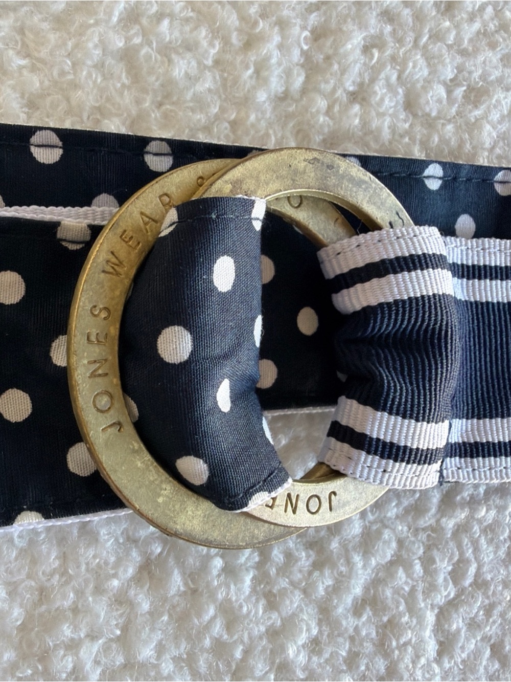 Jones Wear  Navy and White Polka Dot Belt with Brass Double Rings